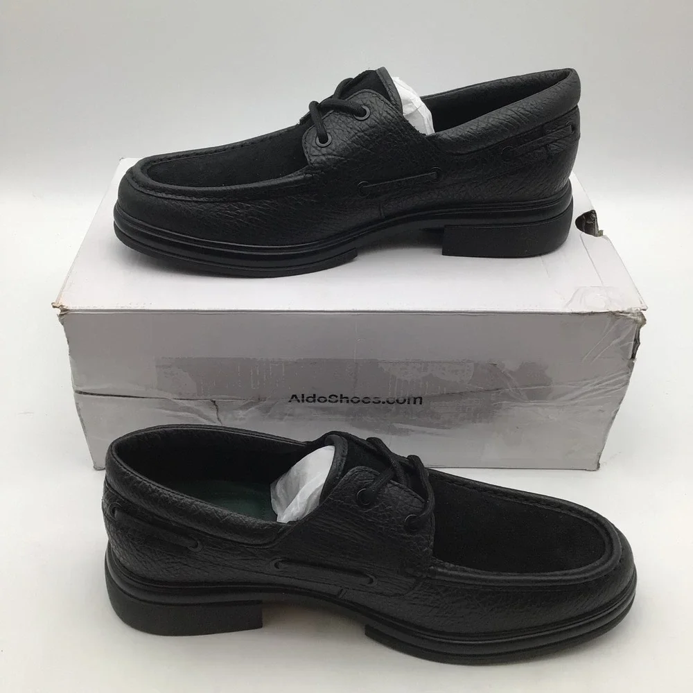 Aldo Seaexplorer Mens‎ Black Pebbled Leather Suede Boat Shoes Size 9.5 D NEW
